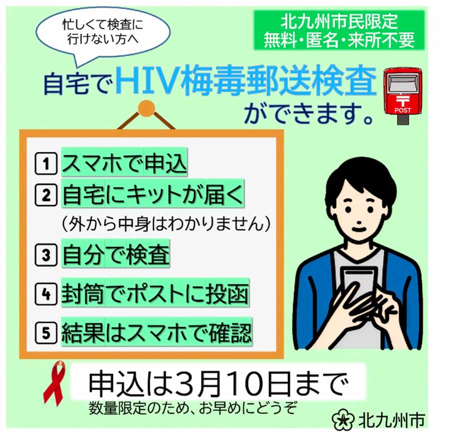 【北九州市限定】無料・匿名・来所不要でHIV・梅毒の郵送検査受付中!